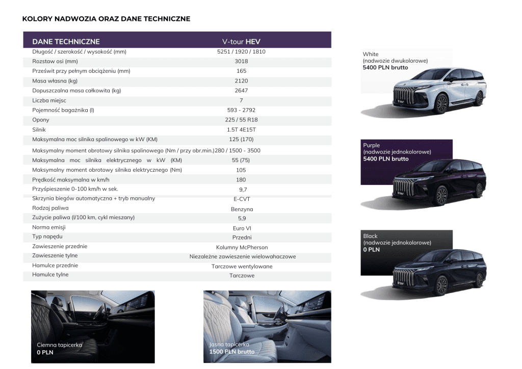 Forthing V-Tour – nowy, luksusowy VAN już dostępny w Forthing Makurat Gdańsk 9 FORTHING V TOUR AUTORYZOWANY DEALER MAKURAT GDANSK DANE TECHNICZNE