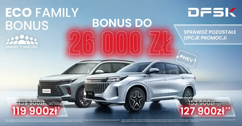 DFSK – nowa marka na rynku motoryzacyjnym. Poznaj markę i jej salon w Gdańsku 5 DSFK WYPRZEDAZ 2025 ECO FAMILY BONUS MAKURAT GDANSK