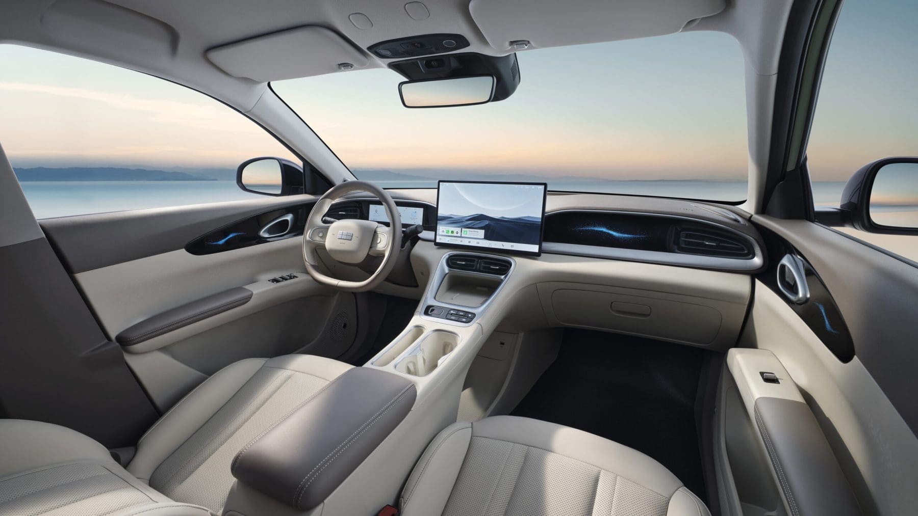 Wnętrze Geely E2 z ekranem multimedialnym 14,6 cala